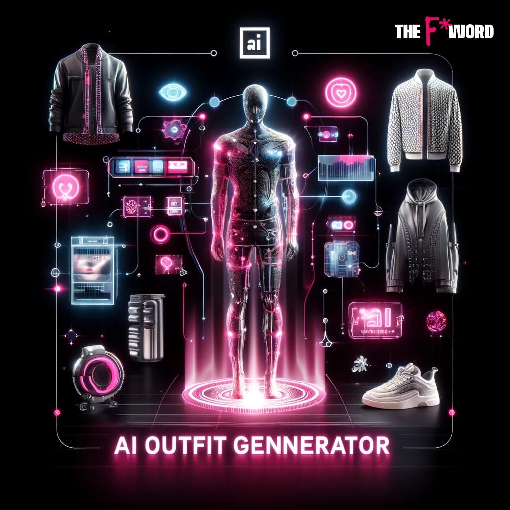 AI outfit generator featuring a futuristic digital mannequin, holographic clothing, and accessories in neon pink and blue tones, with The F Word logo