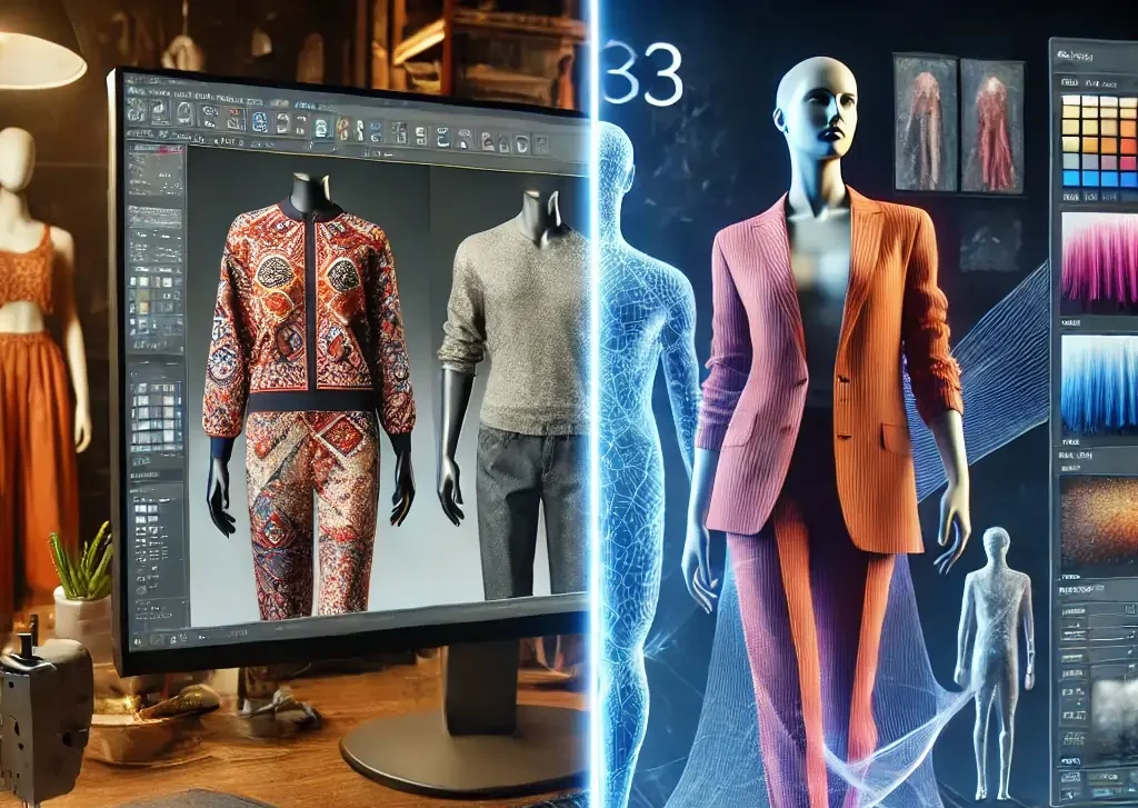 A-split-image-showcasing-the-two-3D-fashion-design-software-Clo3D-and-Marvelous-Designer.-On-one-side-a-professional-fashion-designer