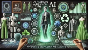 A futuristic image themed around 'AI Fashion Design_ Transforming Creativity, Sustainability, and Marketing.' The composition showcases advanced AI