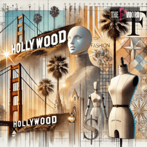 Illustration featuring California landmarks like the Hollywood sign and Golden Gate Bridge, integrated with fashion elements such as mannequins, designer sketches, and a stylish sewing machine. The logo of 'The F Word' is seamlessly blended, reflecting the theme 'Top Fashion Schools in California for Aspiring Designers.' The image captures a modern and aspirational aesthetic with soft pastels, gold accents, and sunny California vibes.