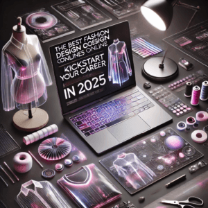 The Best Fashion Design Courses Online to Kickstart Your Career in 2025: A sleek and professional image featuring a laptop with a fashion design course, holographic clothing sketches, fabric swatches, and modern sewing tools. Styled with The F Word logo in black, pink, and white tones to match the branding.