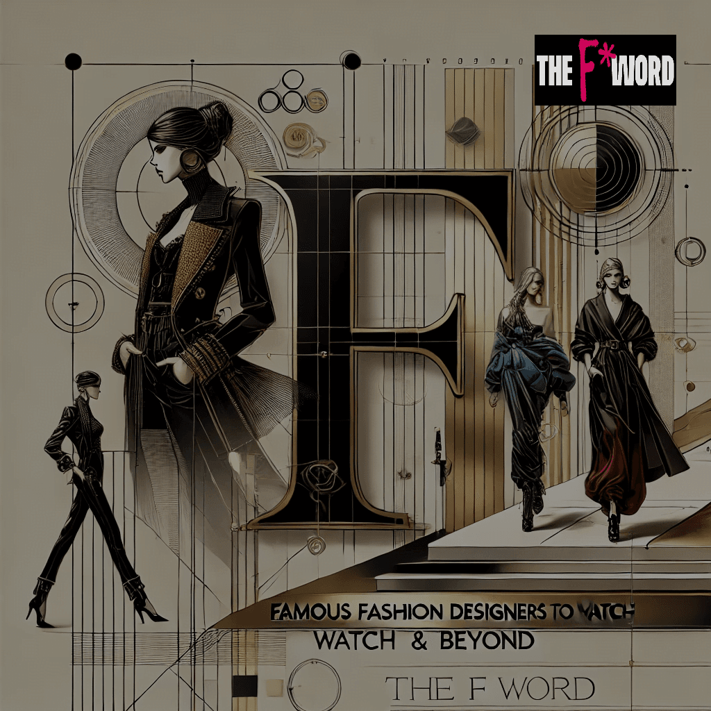 Illustration featuring modern and futuristic fashion elements with elegant runway models, sleek design aesthetics, and the logo of 'The F Word' prominently displayed. The theme highlights 'Famous Fashion Designers to Watch in 2024 & Beyond' with a stylish and contemporary gold, black, and pink color palette.