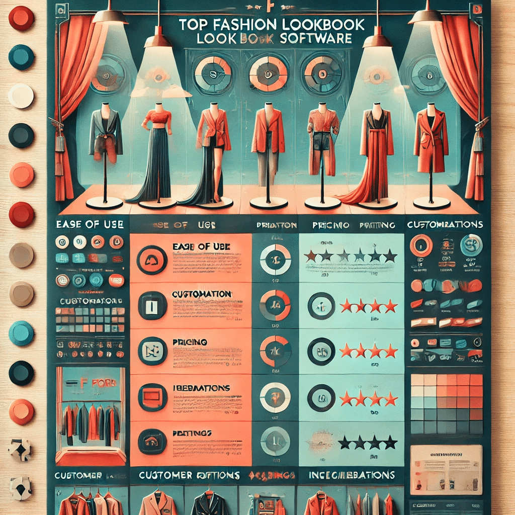 Detailed comparison chart showcasing the top fashion lookbook software with features such as ease of use, customization options, pricing, and customer ratings. Includes vibrant visuals, fashion-themed design elements, and 'The F Word' logo prominently featured.