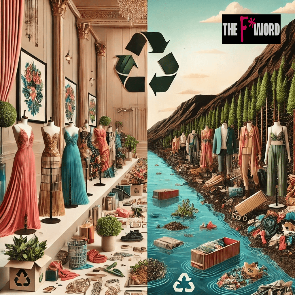 Split-scene artwork showcasing the environmental impact of the fashion industry. The left side features glamorous fashion elements with mannequins, vibrant clothing, and elegant interiors, while the right side depicts environmental consequences such as polluted rivers, textile waste, and deforested landscapes. Sustainable symbols like recycling icons and greenery add contrast, with 'The F Word' logo blended seamlessly into the composition.