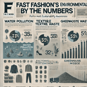 Infographic titled 'Fast Fashion's Environmental Impact by the Numbers,' featuring statistics on water pollution, textile waste, and greenhouse gas emissions. Includes bold numbers, clear icons like water droplets and clothing piles, and 'The F Word' logo with the tagline 'Fashion Meets Sustainability Awareness.