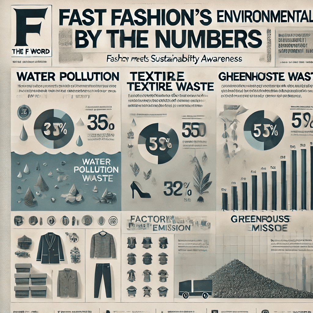 Infographic titled 'Fast Fashion's Environmental Impact by the Numbers,' featuring statistics on water pollution, textile waste, and greenhouse gas emissions. Includes bold numbers, clear icons like water droplets and clothing piles, and 'The F Word' logo with the tagline 'Fashion Meets Sustainability Awareness.