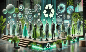 A futuristic depiction of sustainability and tech partnerships in fashion, featuring mannequins dressed in eco-friendly, tech-enabled outfits, vibrant greenery symbolizing sustainability, and advanced technology elements like IoT and AI holograms. The F Word logo is prominently displayed, emphasizing innovation and collaboration for a greener future.