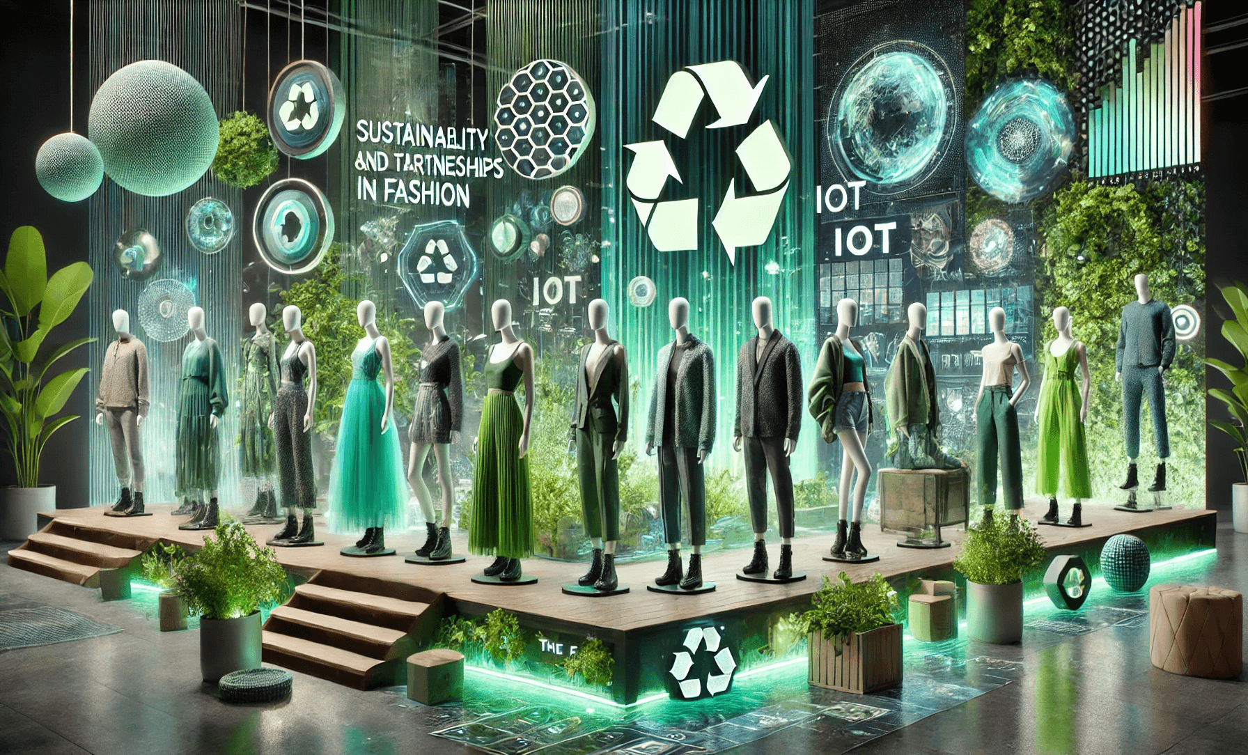 A futuristic depiction of sustainability and tech partnerships in fashion, featuring mannequins dressed in eco-friendly, tech-enabled outfits, vibrant greenery symbolizing sustainability, and advanced technology elements like IoT and AI holograms. The F Word logo is prominently displayed, emphasizing innovation and collaboration for a greener future.