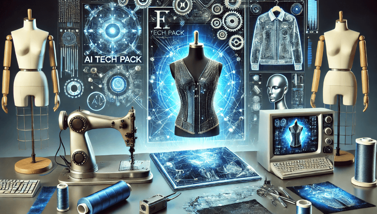 Futuristic digital artwork depicting the theme 'AI Tech Pack: Revolutionizing the Future of Fashion Design and Production,' featuring advanced technology interfaces, robotic arms sewing fabric, holographic clothing designs, and an AI-driven workspace in sleek blue and silver tones. Includes the logo of 'The F Word' prominently styled within the innovative scene.