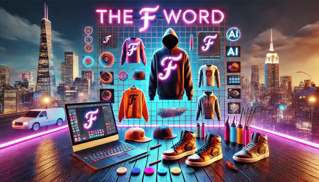 A vibrant digital workspace displaying trendy streetwear elements like hoodies, caps, and sneakers. The scene features urban neon lighting and highlights "The F Word" logo, emphasizing free streetwear mockup and design tools.