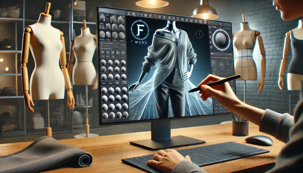 A futuristic digital workspace showcasing 3D garment design software in action. The screen displays a realistic 3D clothing simulation with fabric textures and draping effects. A designer, using a stylus, adjusts the garment’s fit on a digital mannequin. The F Word logo is subtly incorporated into the interface design.