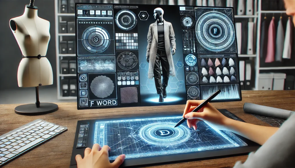 A futuristic digital workspace featuring advanced clothing design programs. A designer uses a stylus to adjust garment details on an interactive interface, showcasing customizable fabrics and patterns. The F Word logo is subtly incorporated into the software design