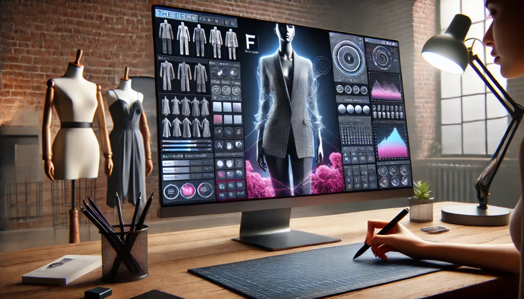 A high-tech digital workspace showcasing the best software to design clothes. A designer uses a stylus to refine garment details on an advanced fashion design interface, featuring customizable fabrics and patterns. The F Word logo is subtly integrated into the software.