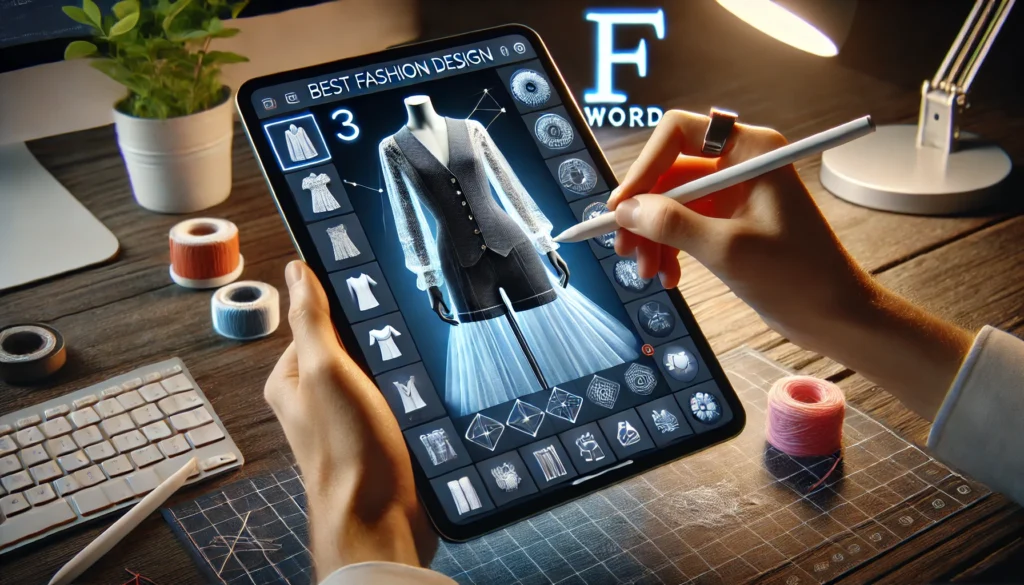 A sleek, modern workspace featuring the best apps for fashion design. A designer uses a stylus on a tablet displaying an intuitive design app with customizable garments, fabric textures, and pattern tools. The F Word logo is subtly integrated into the app interface.